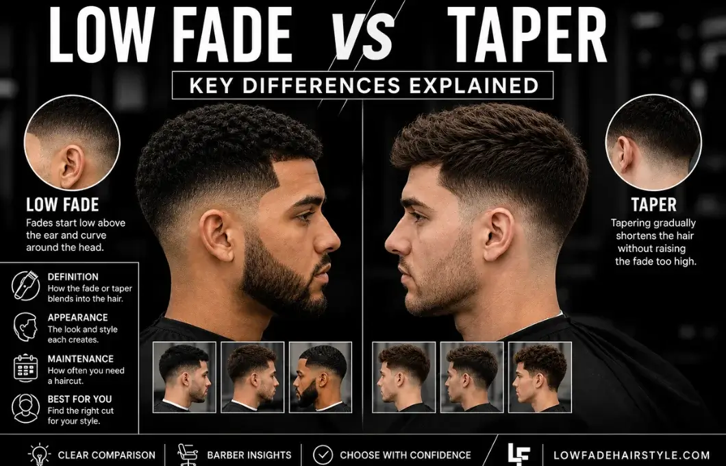 Low Fade vs Taper key differences comparison feature image showing side-by-side men's low fade and taper haircuts, fade placement, blending, styling, maintenance, barber guide, and haircut comparison for choosing the best men's hairstyle.