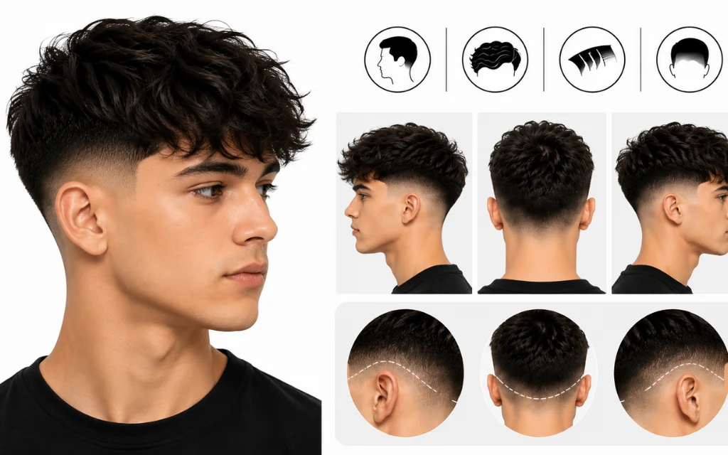 Illustration of a casual low fade hairstyle for men with textured waves, a relaxed top, smooth low fade around the ears, and multiple hairstyle angles including side and back views.
