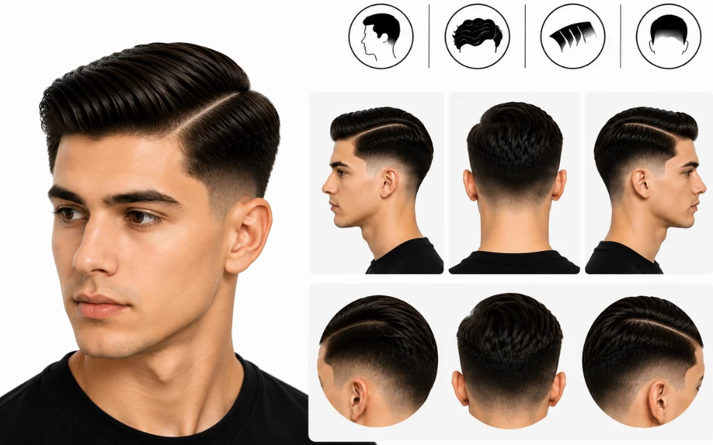 Classic Hairstyle Low Fade – side-part haircut with faded sides displayed from different angles.