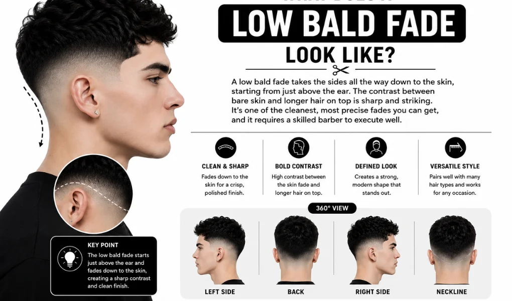 Low bald fade haircut with skin fade, textured top, and 360-degree hairstyle views for men.