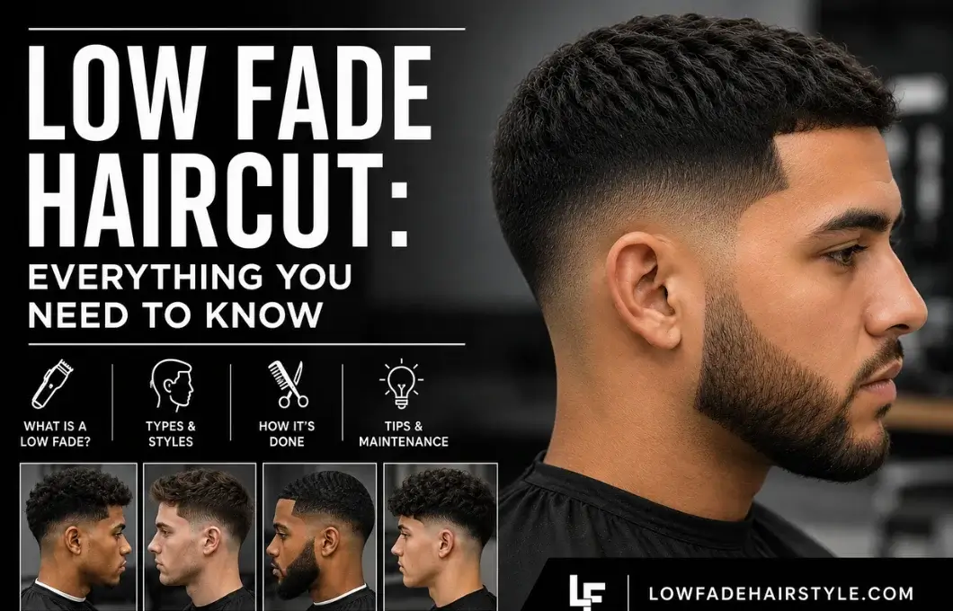 Low Fade Haircut: Everything You Need to Know feature image showing a modern men's low fade haircut with a sharp beard, haircut types, styling techniques, barber tutorial, maintenance tips, and grooming guide for all hair types.