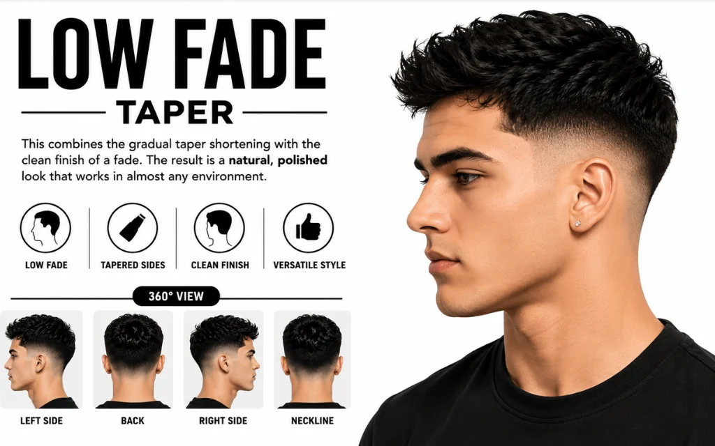 Infographic of a men's low fade taper haircut with textured hair, smooth tapered fade, side profile portrait, and multiple hairstyle angles including left side, back, right side, and neckline.