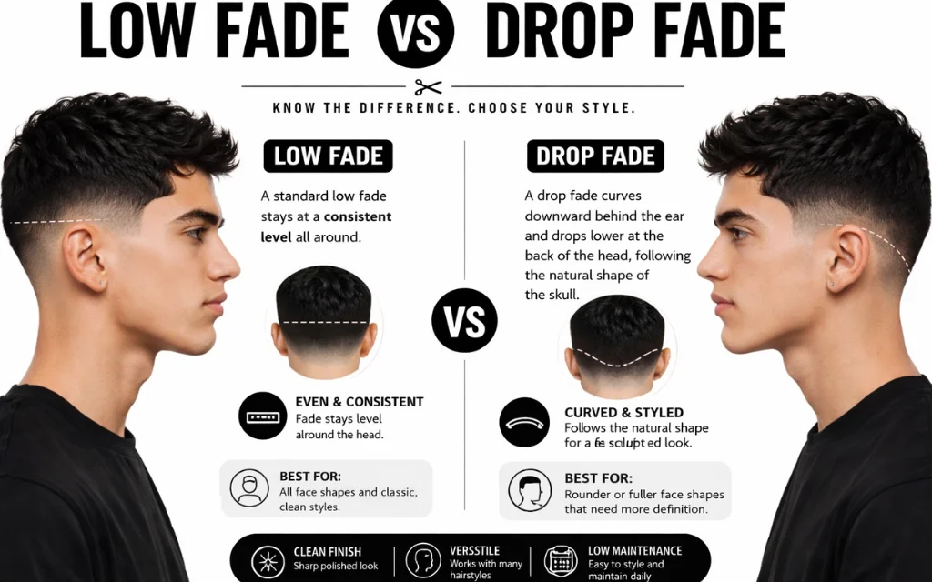 Low Fade vs Drop Fade haircut comparison showing men's fade hairstyle differences and fade placement guide.