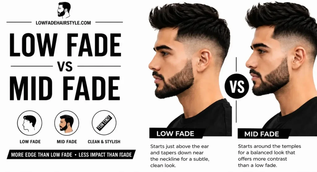 Low Fade vs Mid Fade haircut comparison showing the difference in fade height, blending, and side profile for modern men's hairstyles.