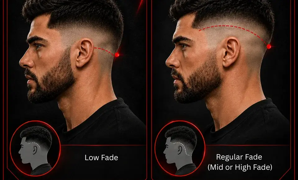 Side-by-side comparison of low fade and regular fade haircuts for men, showing the difference in fade starting point, blend, and overall haircut appearance.