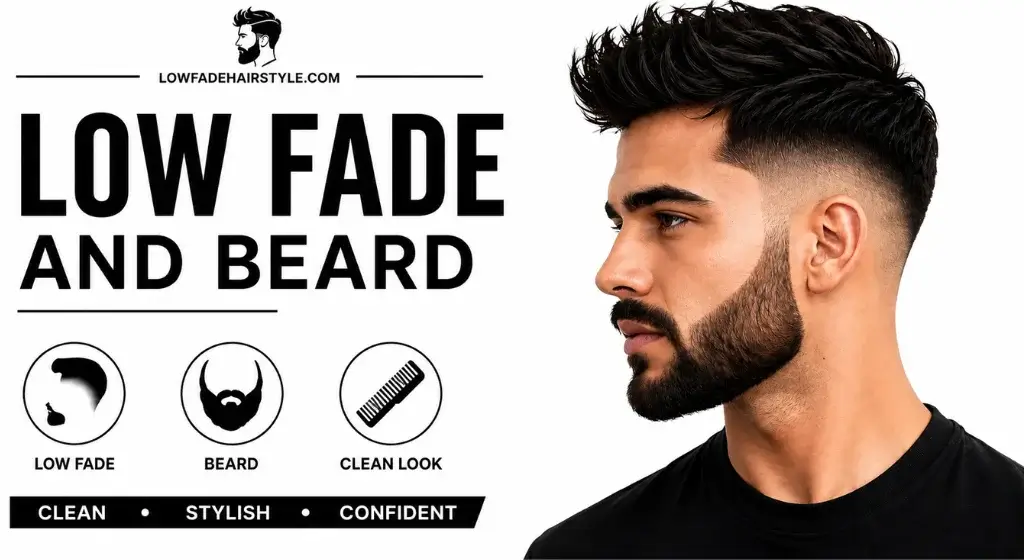 Low Fade and Beard hairstyle featuring a sharp low fade haircut with a full well-groomed beard for a clean modern men's look.