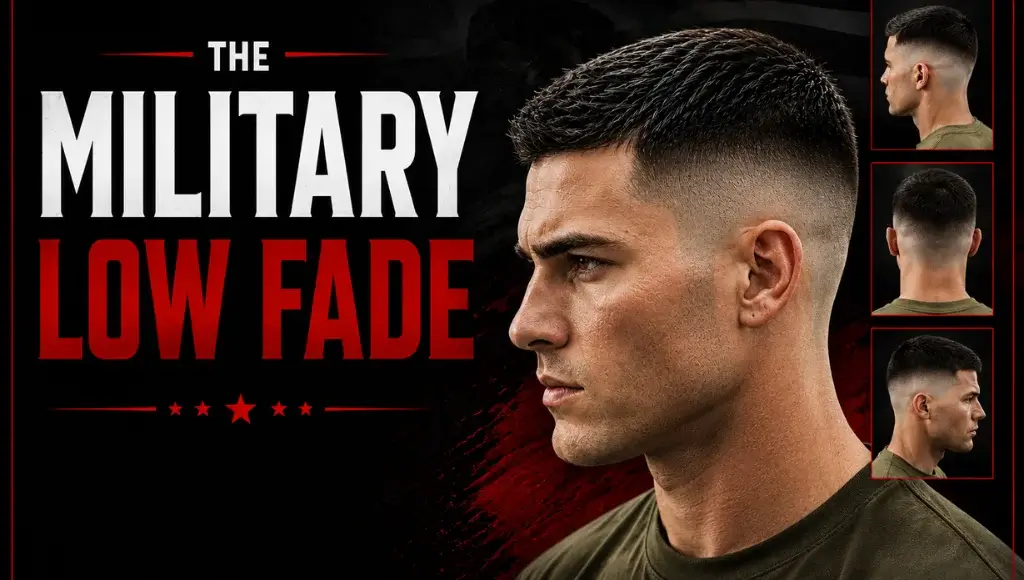Military low fade haircut with a buzz cut top and clean skin fade sides, shown from front, side, and back views on a black and red barbershop-style promotional graphic.