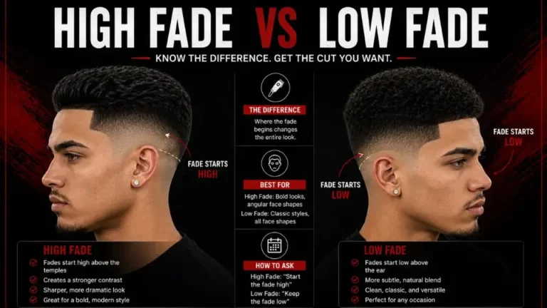 Side-by-side comparison of two young men with high fade and low fade haircuts, showing where each fade starts on the sides of the head to explain the difference between high fade vs low fade hairstyles for men.