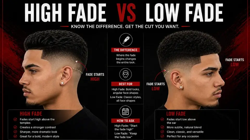 Side-by-side comparison of two young men with high fade and low fade haircuts, showing where each fade starts on the sides of the head to explain the difference between high fade vs low fade hairstyles for men.