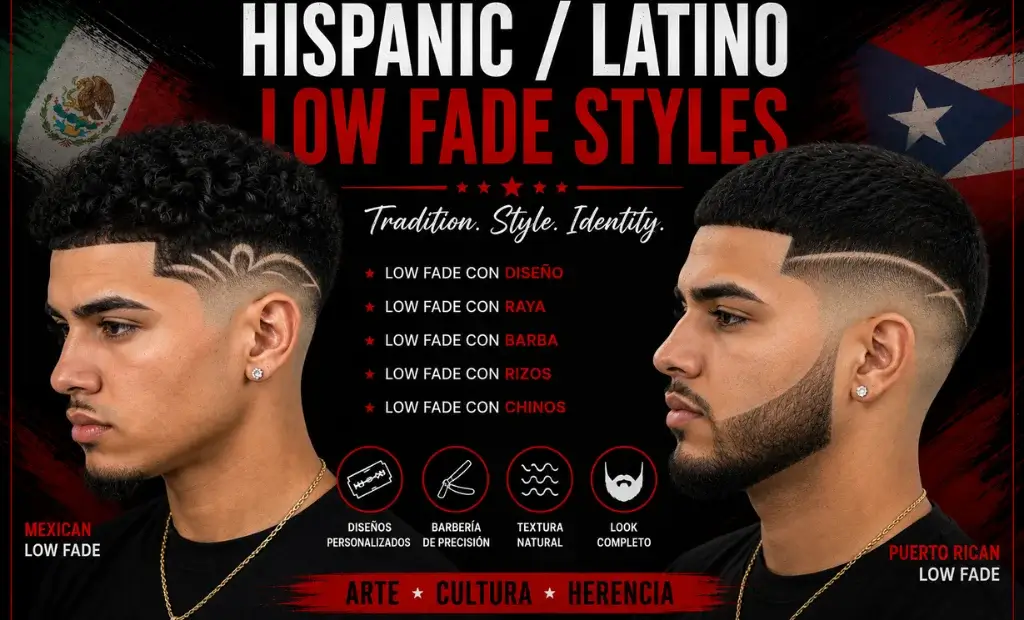 Two young Hispanic men with modern low fade hairstyles featuring razor line designs, low fade con raya, and low fade con barba against a black and red barbershop-style background, showcasing popular Latino low fade haircut styles for Mexican and Puerto Rican men.