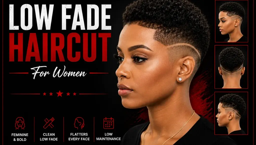 Black woman with a stylish low fade pixie haircut featuring natural 4C curls, tapered skin fade sides, and profile, back, and side hairstyle views on a modern black and red barbershop-style graphic.