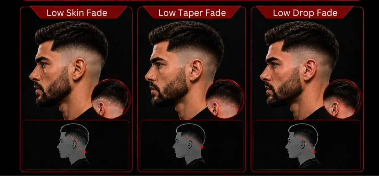 Comparison of low skin fade, low taper fade, and low drop fade haircuts showing side profile views and neckline shape diagrams for each style.