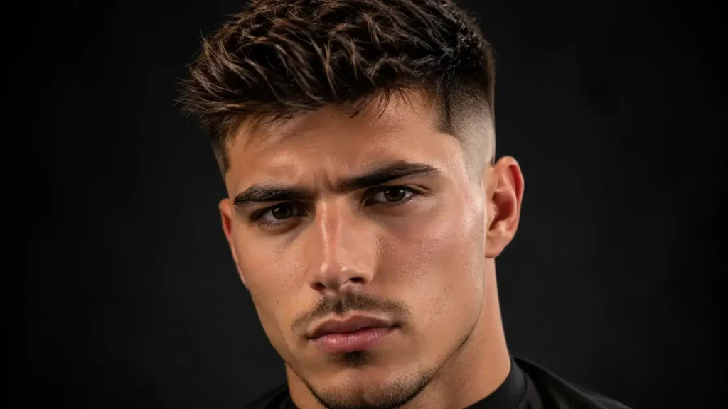 Low skin fade haircut with textured top and clean faded sides on a stylish young man.
