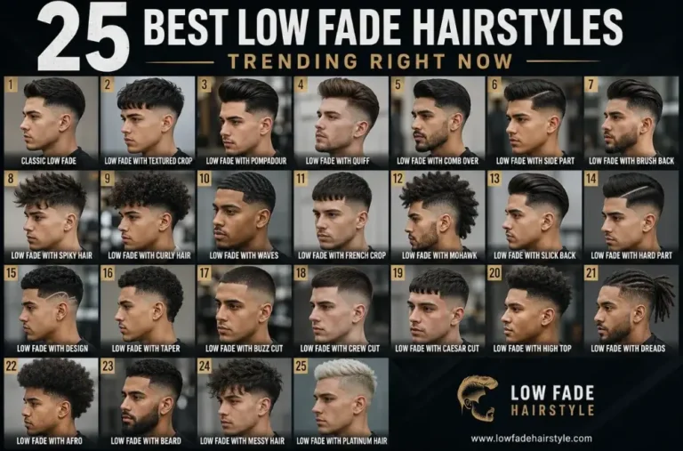 25 best low fade hairstyles for men featuring classic low fade, textured crop, pompadour, quiff, comb over, side part, curly hair, French crop, buzz cut, crew cut, beard, afro, slick back, and modern haircut styles.