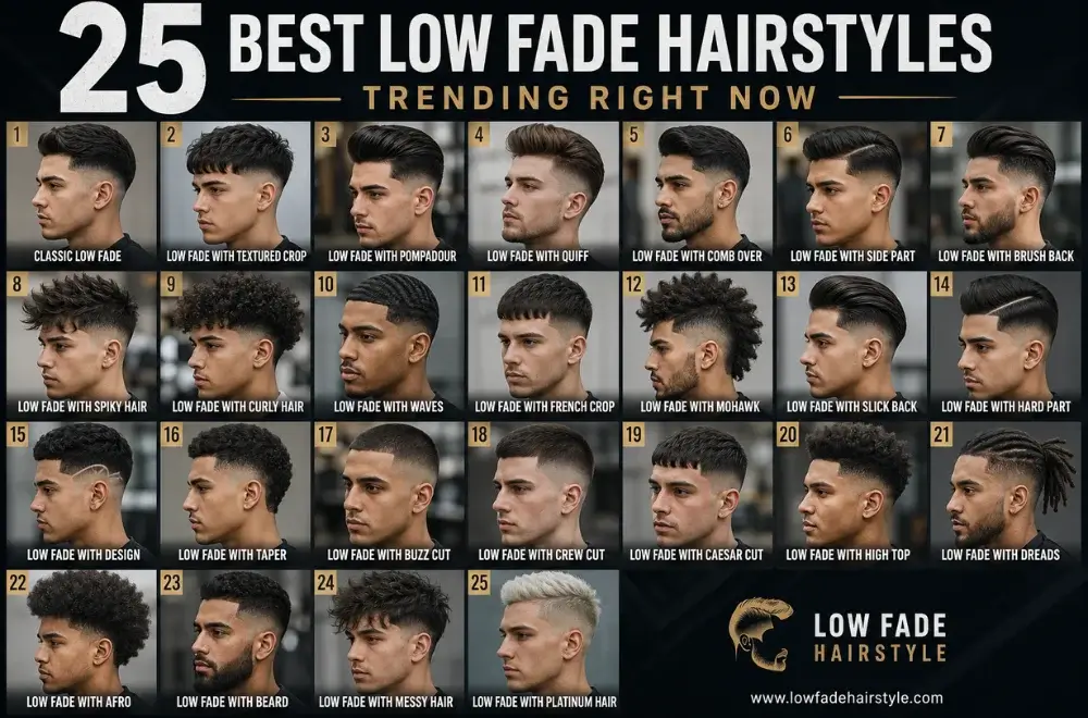 25 best low fade hairstyles for men featuring classic low fade, textured crop, pompadour, quiff, comb over, side part, curly hair, French crop, buzz cut, crew cut, beard, afro, slick back, and modern haircut styles.