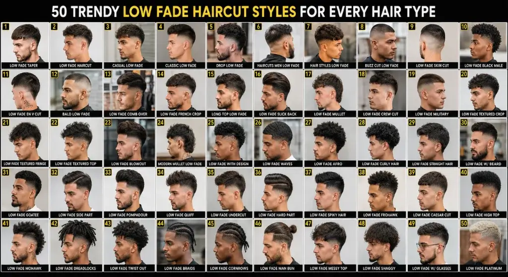 Infographic featuring 50 trendy low fade haircut styles for every hair type, including taper low fade, skin fade, buzz cut, French crop, textured crop, comb over, slick back, mullet, curly hair, afro, waves, braids, dreadlocks, pompadour, quiff, undercut, hard part, mohawk, Caesar cut, high top, man bun, shaggy, and platinum low fade hairstyles for men.