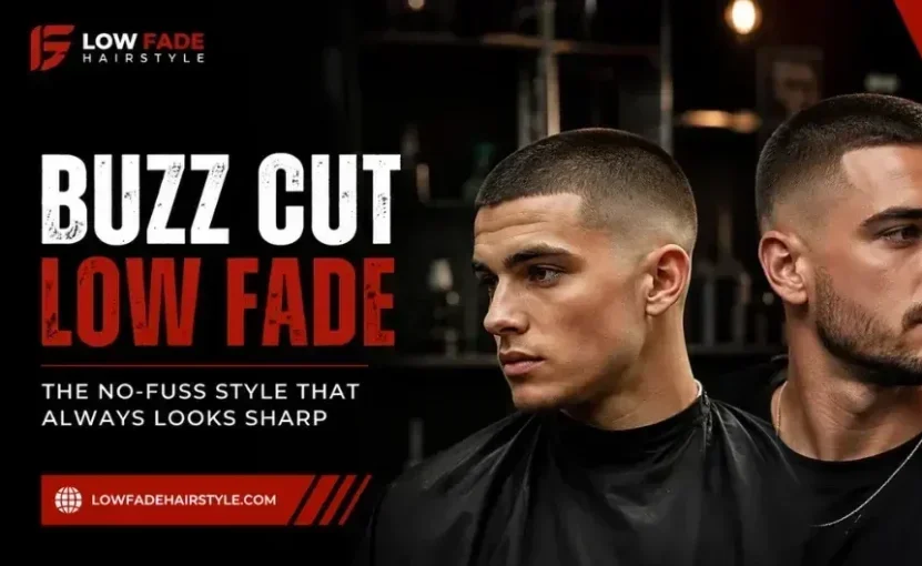 "Two realistic young men with different buzz cut low fade hairstyles in a luxury barbershop, showcasing a clean, modern, and sharp low fade haircut style for men."