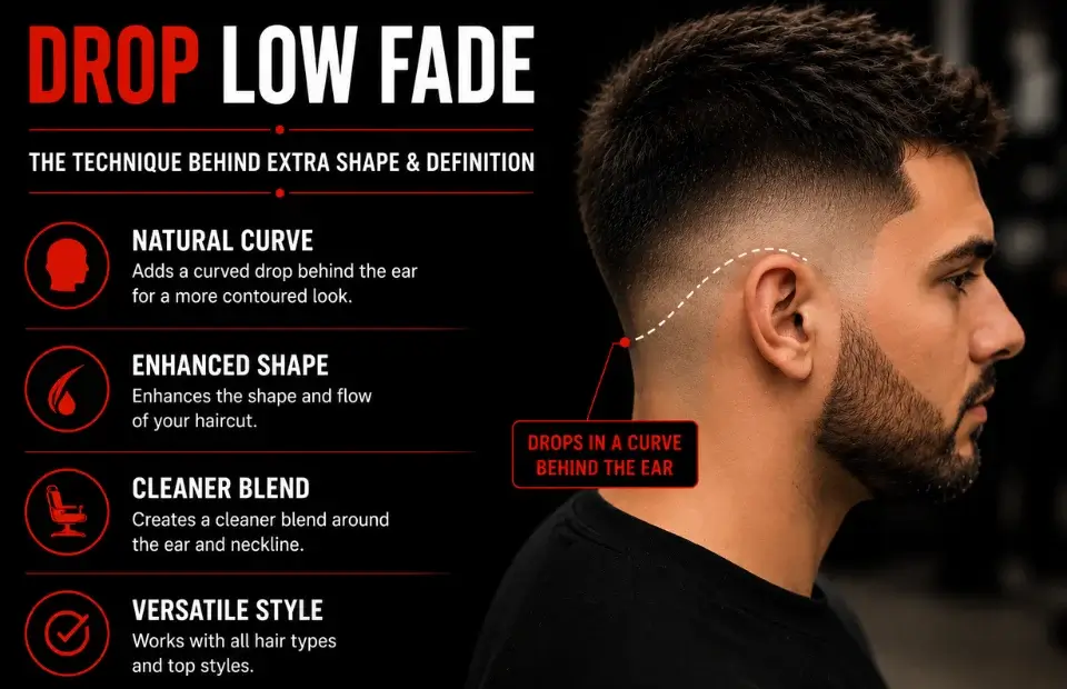 Drop low fade haircut with textured crop, curved fade behind the ear, sharp barber blend, clean neckline, modern men's hairstyle, and professional grooming style.