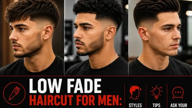 Three young men with modern low fade haircut styles, showing textured, curly, and classic low fade hairstyles to help men choose the right haircut and explain it to their barber.