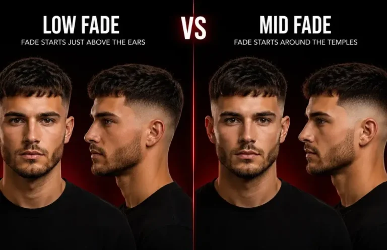Low fade vs mid fade haircut comparison showing the same male model with an identical textured crop, highlighting a low fade above the ears and a mid fade around the temples for a sharper, modern barber look.