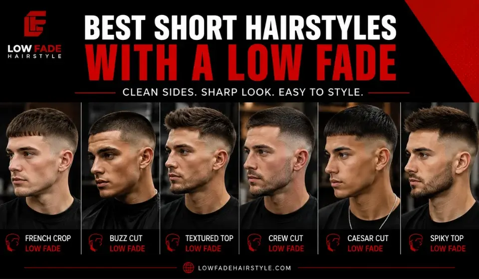 “Six short hairstyles with a low fade for men, including French crop, buzz cut, textured top, crew cut, Caesar cut, and spiky top.”