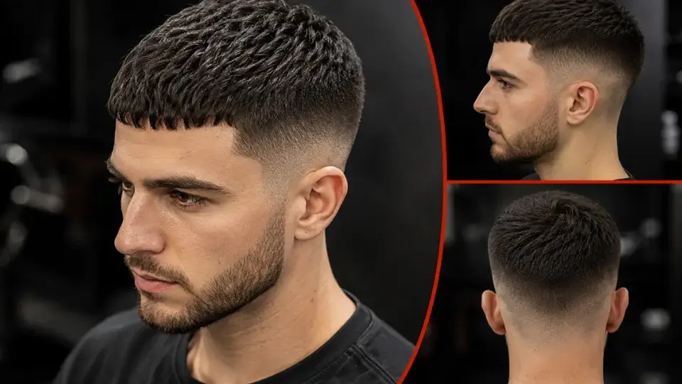 Low fade Caesar cut hairstyle for men with short cropped top and clean faded sides.