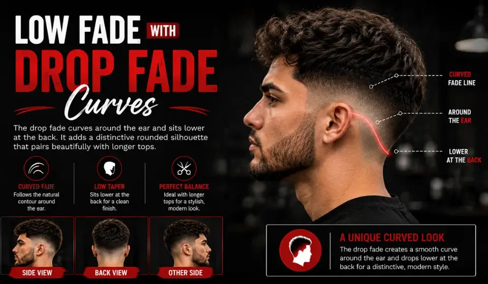 Low fade with drop fade curves around the ear and sits lower at the back, creating a rounded silhouette with a longer textured top