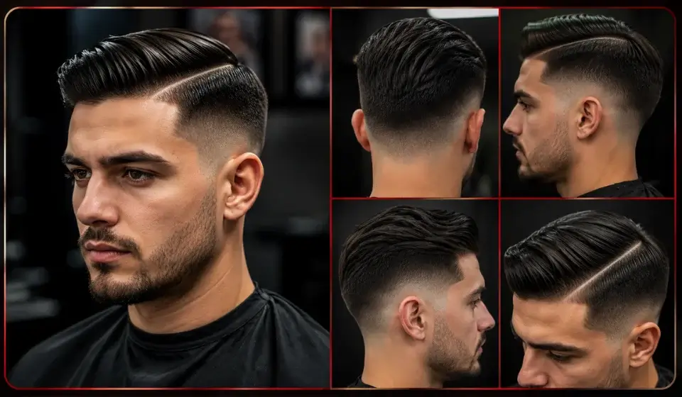 Low fade with comb over hairstyle for men featuring neatly swept hair, a sharp side part, and clean tapered sides