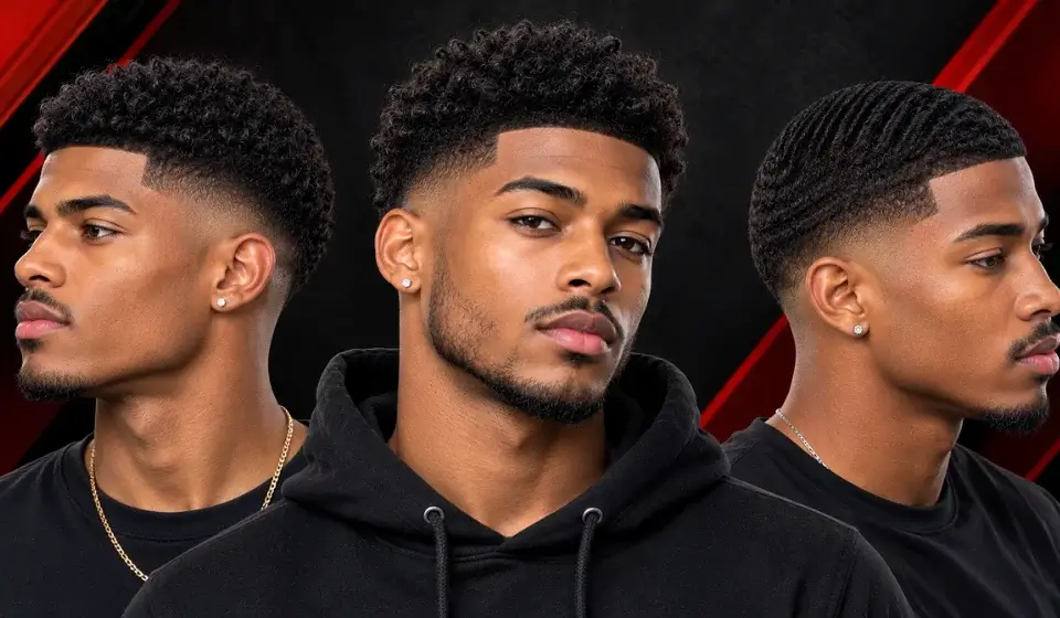 Three Black men showcasing stylish low fade haircuts with curly hair, waves, and sharp lineups.