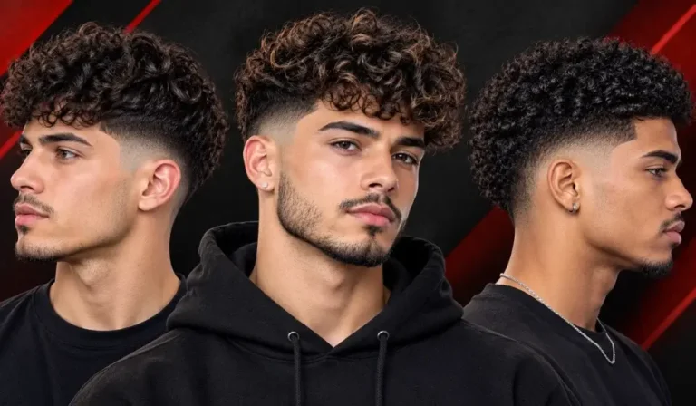 Three young men with low fade curly haircuts showing different curl types and modern curly hairstyles.