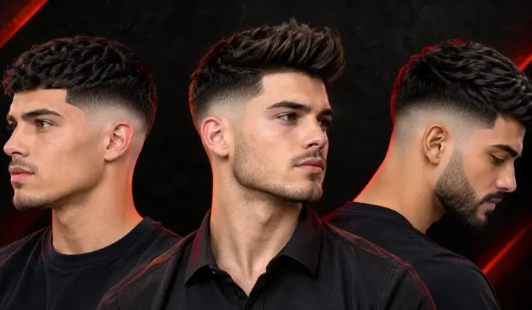 Three young men showcasing clean low skin fade haircuts with razor-sharp fades and modern hairstyles